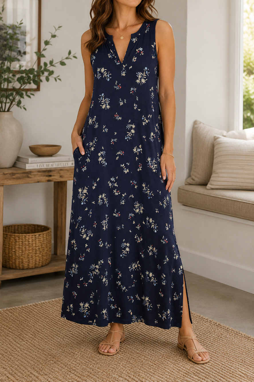 J. Jill Floral Maxi Tank Dress Size LP Blue Modal Split V-neck Flouncy Stretch